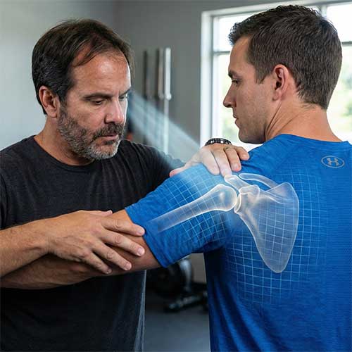 Coach performing a precise diagnostic assessment on a client, illustrating the unique corrective exercise approach.