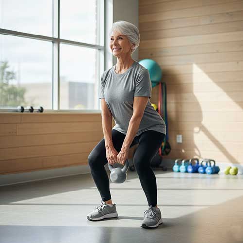 Confident older adult client performing a stability exercise, demonstrating longevity-focused physical training.